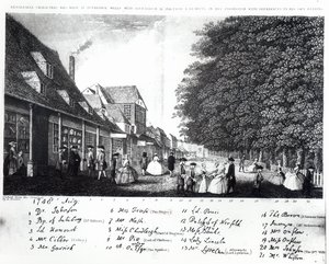 Engraving of Tunbridge Wells and its fashionable and celebrated visitors promenading in the Pantiles